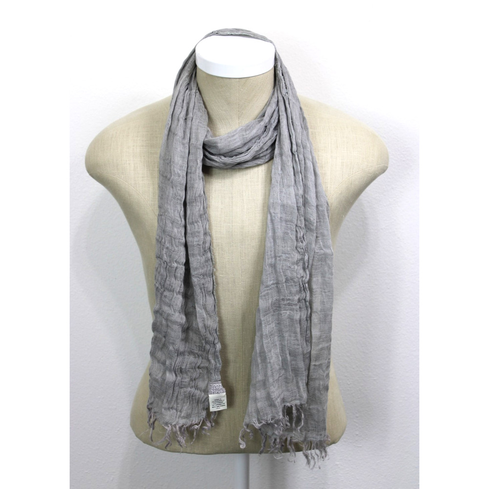 120% LINO 100% Linen Scarf Italy Grey Long Rectangle w/ Fringed 70” x 17“